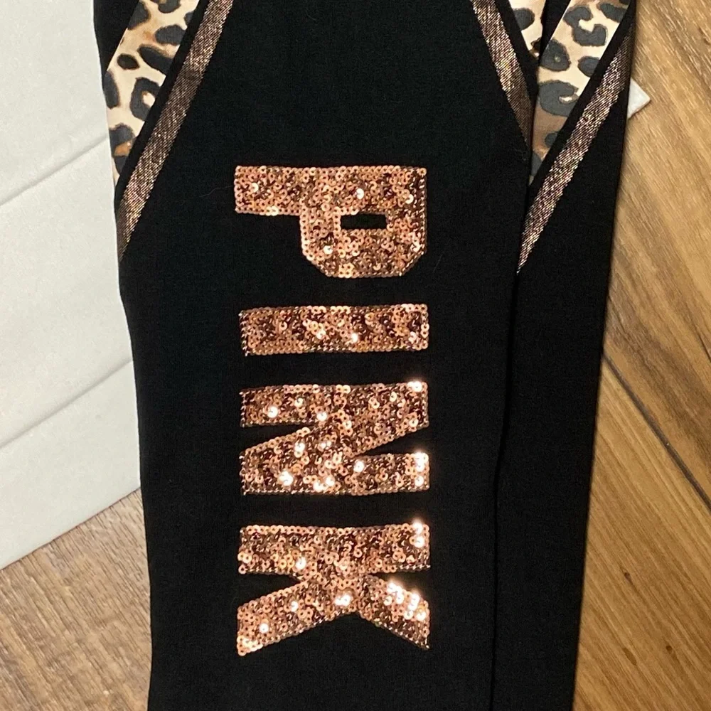 PINK VS COLOR BLOCK LEOPARD CAMPUS CREW PULLOVER W/ BLING LEOPARD YOGA LEGGINGS - Picture 5 of 10